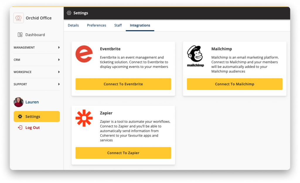 Screenshot of Workspace Integrations