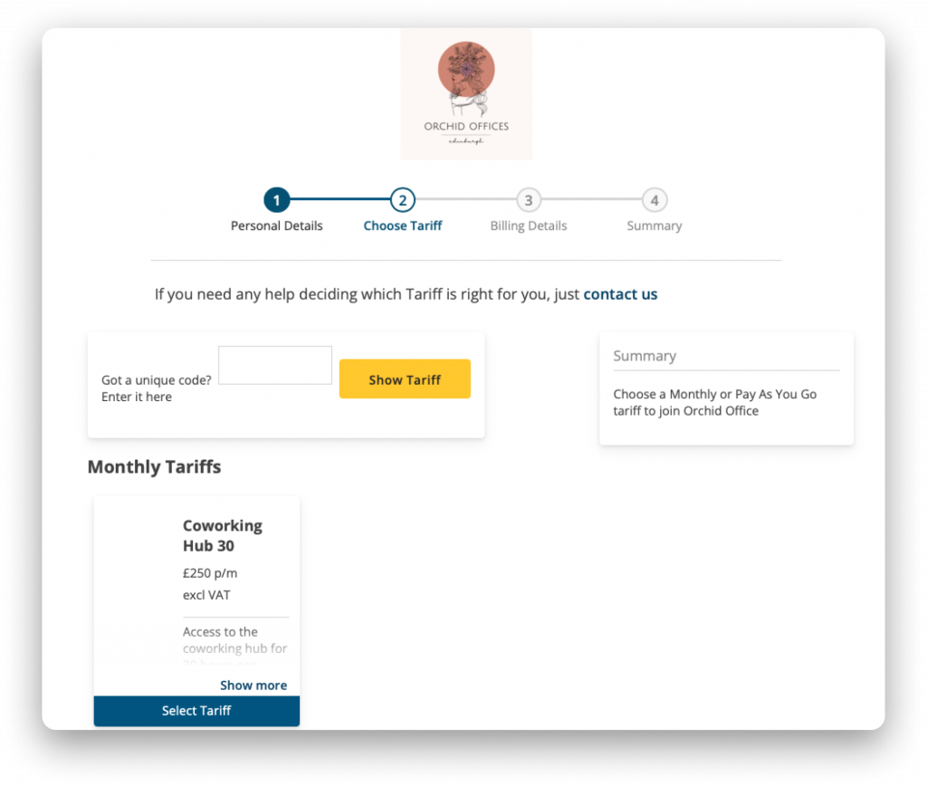 Screenshot of member sign up process