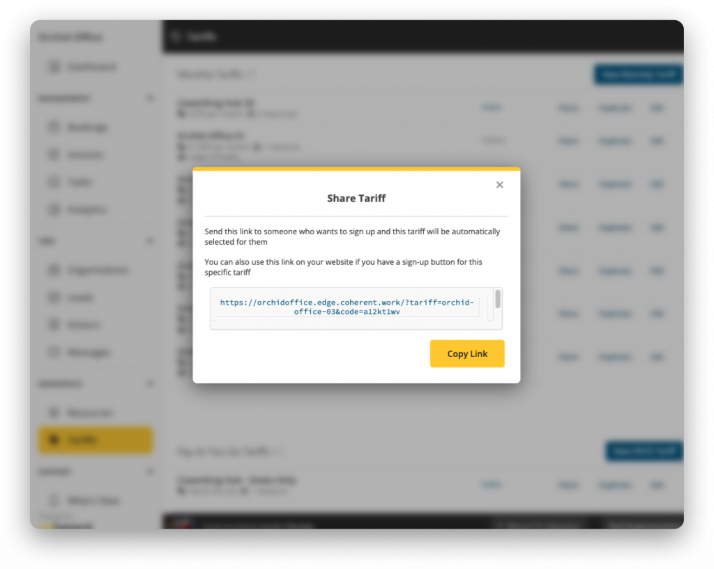 Screenshot of Tariff Share Link