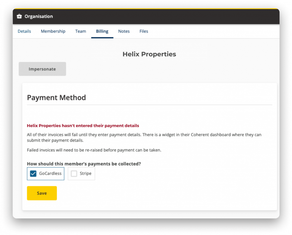 Screenshot of members payment details