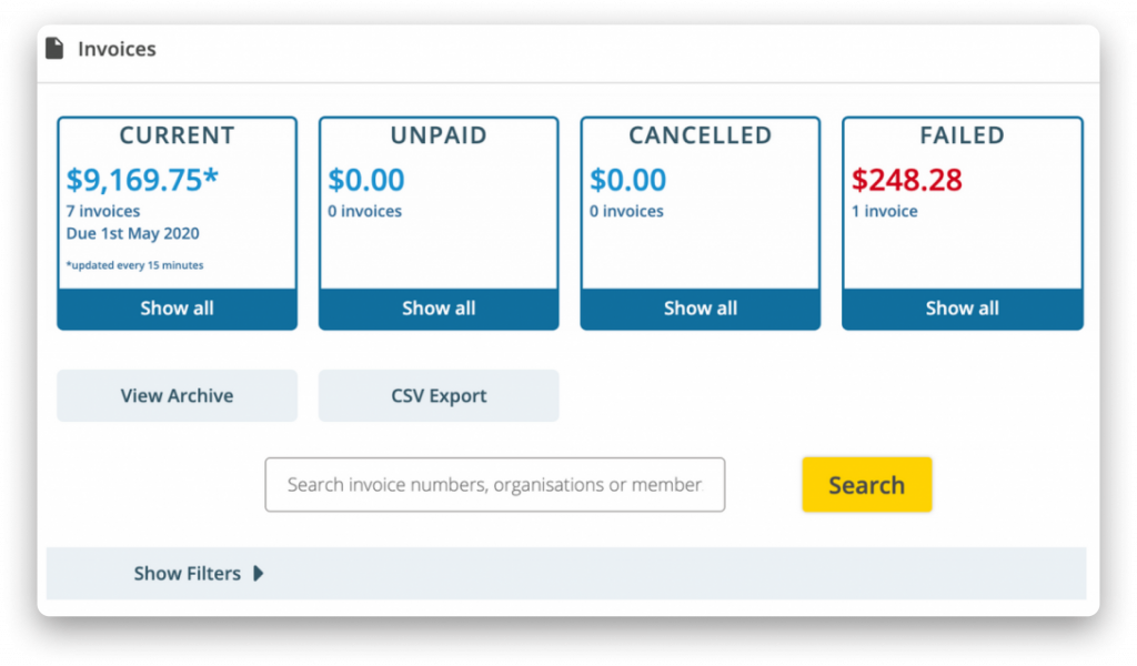 Screenshot of invoices header