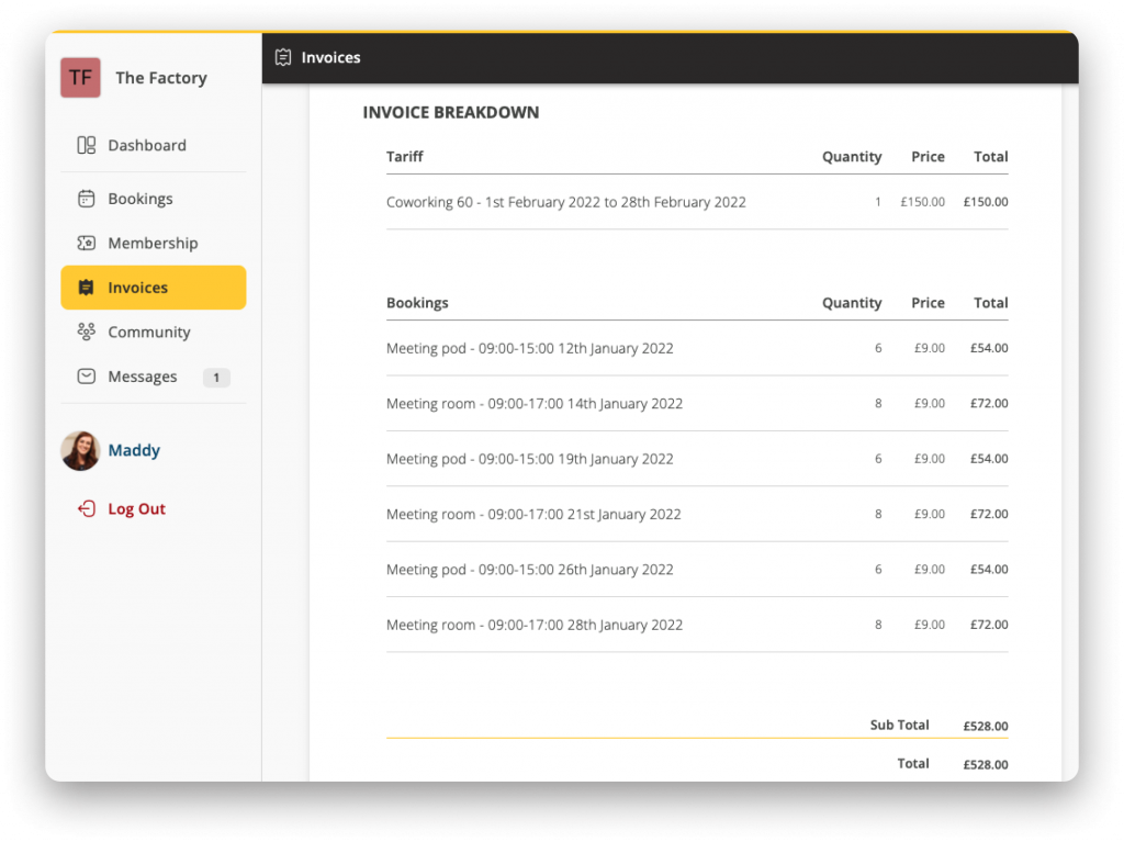 Screenshot of Coherent invoice breakdown