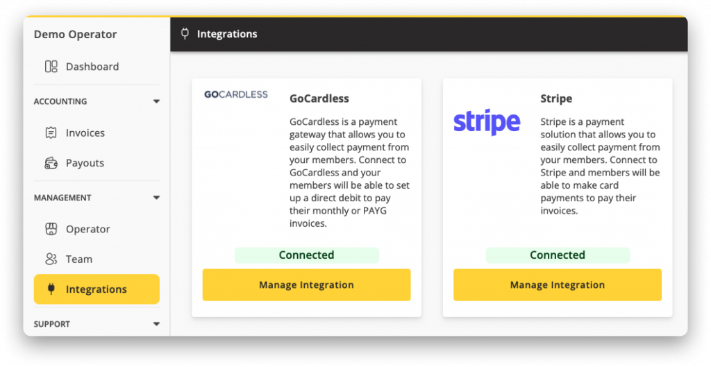 screenshot of integrations page