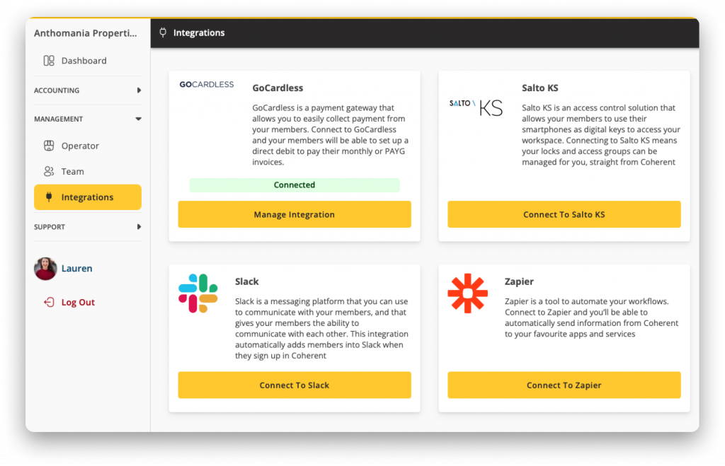 Screenshot of Coherent Operator Integrations
