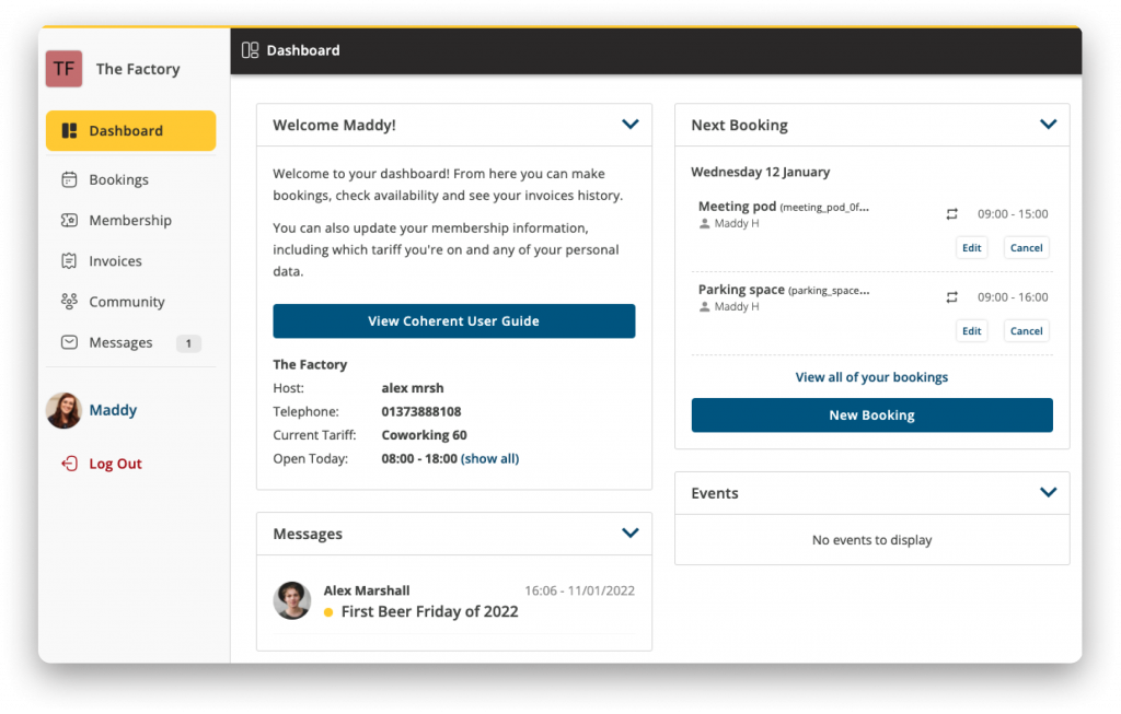 Screenshot of Coherent Member Dashboard