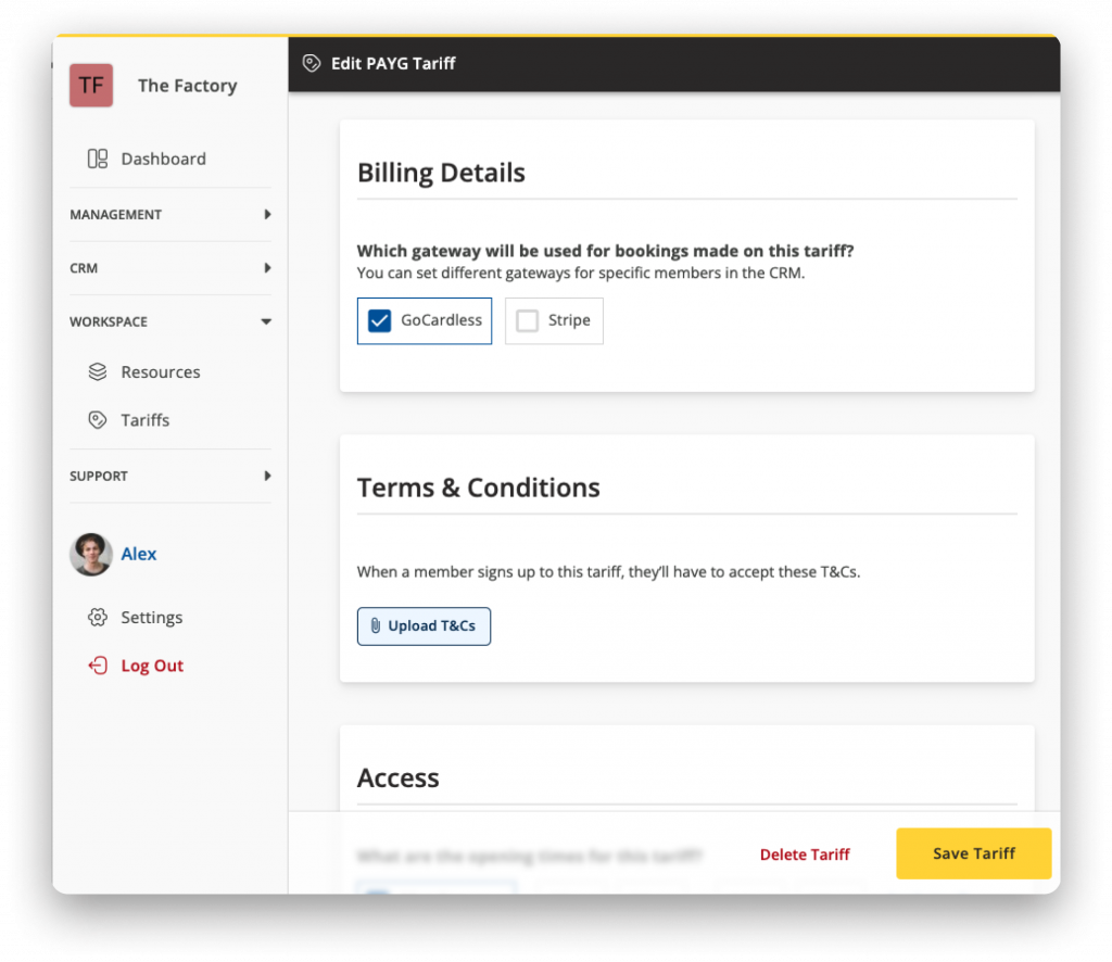 Screenshot of tariff settings 