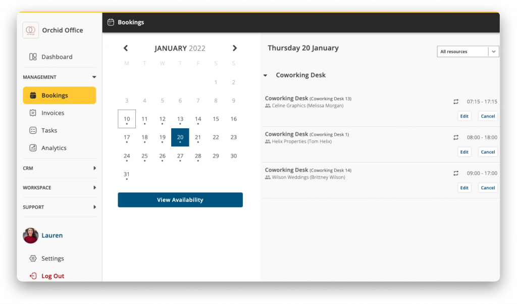 screenshot of Bookings Overview page